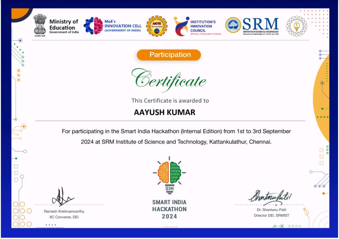 Smart India Hackathon Certificate